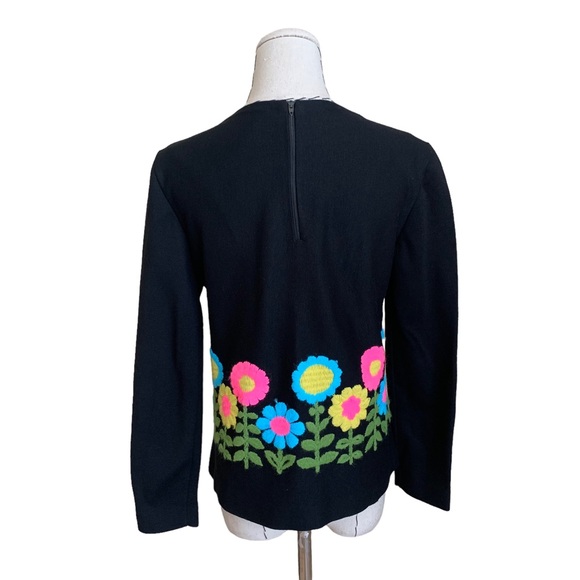 Vintage 60s Floral Top Blouse Neon Mod Yarn Flowers Crewel Small - Picture 4 of 9